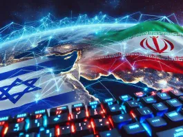 Conflit cyber Israël Iran, cartes connectées et clavier.