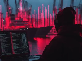 Illustration d'une cyberattaque ransomware ciblant le port de Seattle par un hacker sur un ordinateur portable
