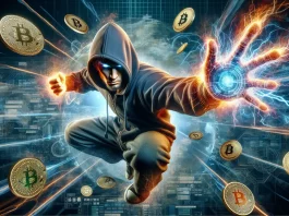 Hacker en hoodie contrôlant des bitcoins virtuels.