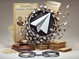 Logo Telegram se désagrégeant pour révéler des documents juridiques et des menottes